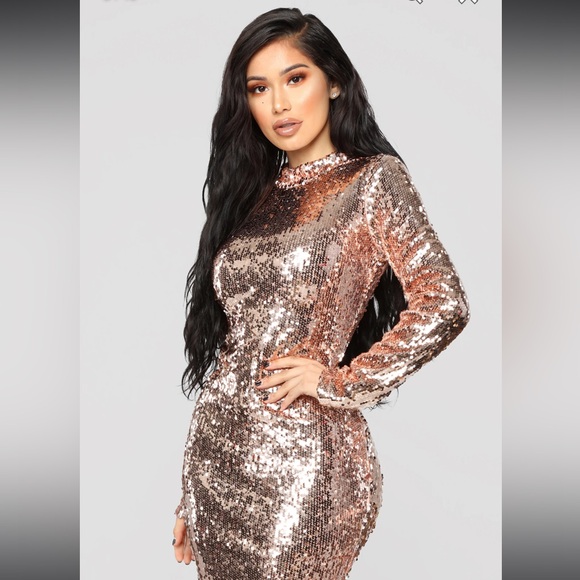 NWT Fashion Nova Practically Famous Sequin full length Dress - Rose Gold size XS - Picture 4 of 12